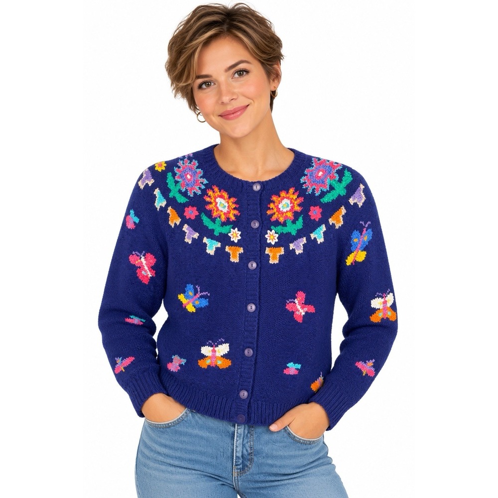 VTG Northern Isles Cardigan Sweater Women S Hand Knit Butterfly Floral Cottage R